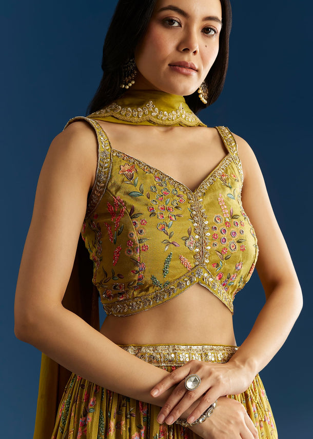 Mehendi Green Tissue Silk Lehenga With Zardosi Sequin Choli And Printed Dupatta