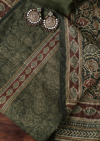 Olive Green Kalamkari Print With Katha Embroidery Silk Unstitched Dress Material