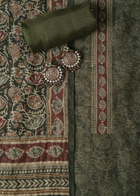 Olive Green Kalamkari Print With Katha Embroidery Silk Unstitched Dress Material