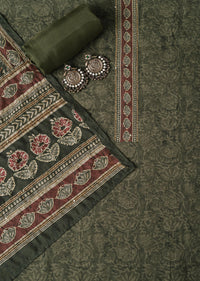 Olive Green Kalamkari Print With Katha Embroidery Silk Unstitched Dress Material