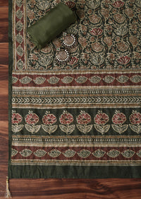 Olive Green Kalamkari Print With Katha Embroidery Silk Unstitched Dress Material