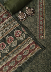 Olive Green Kalamkari Print With Katha Embroidery Silk Unstitched Dress Material