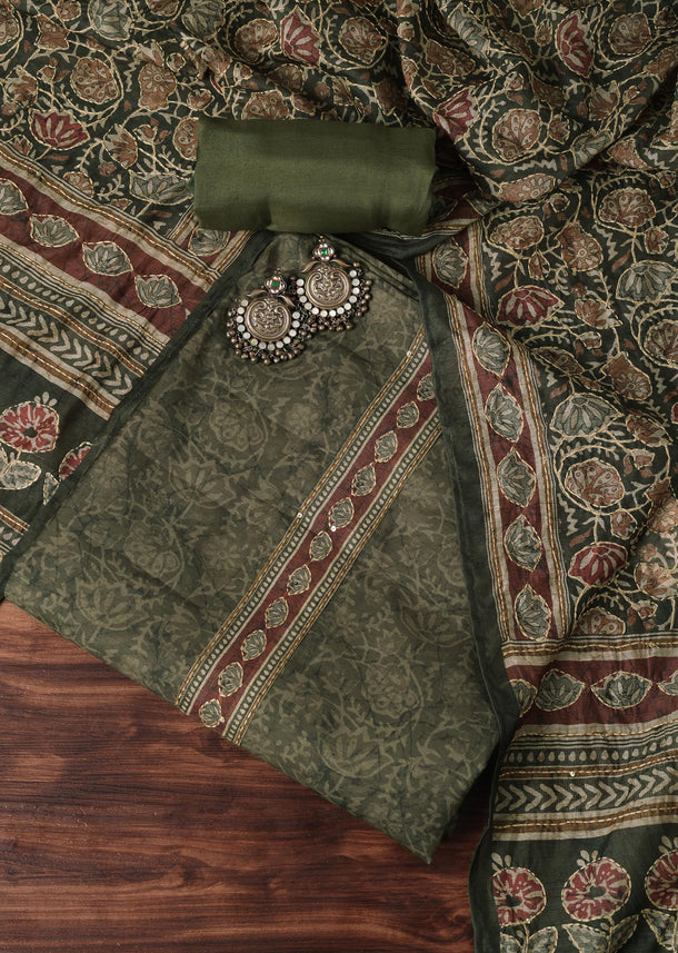 Olive Green Kalamkari Print With Katha Embroidery Silk Unstitched Dress Material