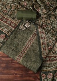 Olive Green Kalamkari Print With Katha Embroidery Silk Unstitched Dress Material