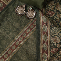 Olive Green Kalamkari Print With Katha Embroidery Silk Unstitched Dress Material