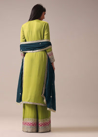 Mehendi Green Color Block Pallazo Set In Chinon