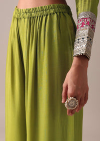 Mehendi Green Color Block Pallazo Set In Chinon