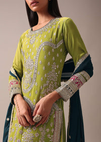 Mehendi Green Color Block Pallazo Set In Chinon