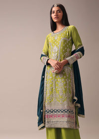 Mehendi Green Color Block Pallazo Set In Chinon