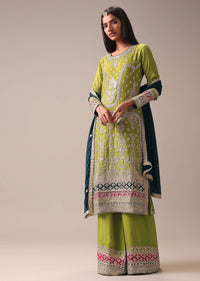 Mehendi Green Color Block Pallazo Set In Chinon