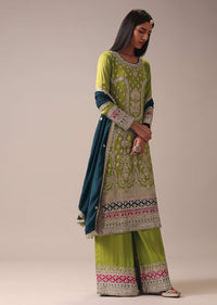 Mehendi Green Color Block Pallazo Set In Chinon