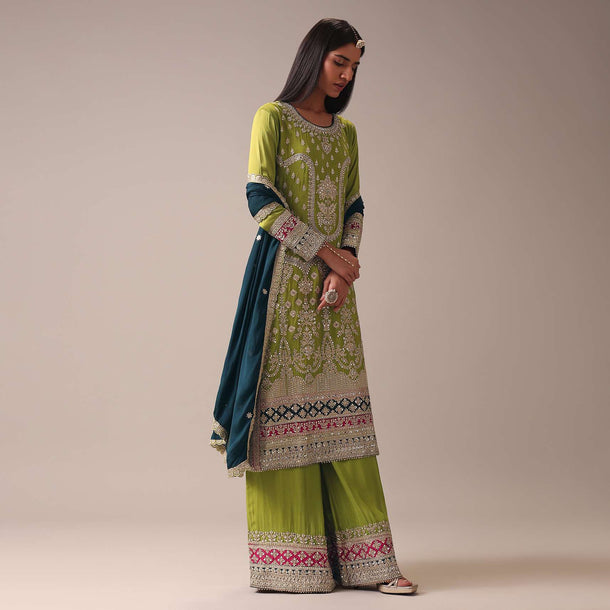 Mehendi Green Color Block Pallazo Set In Chinon