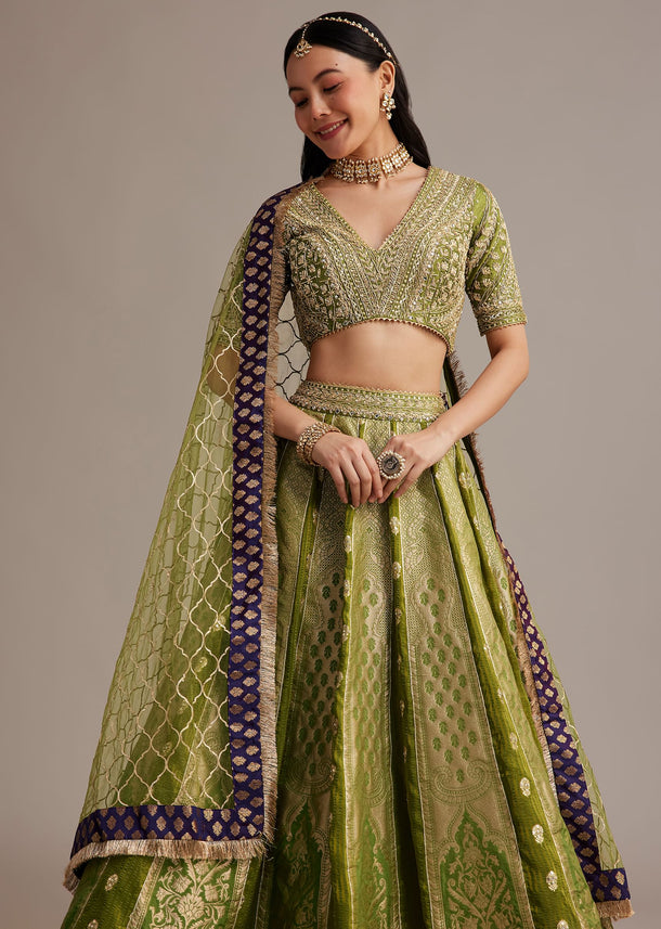 Mehendi Green Banarasi Silk Lehenga Set With Zardosi Work