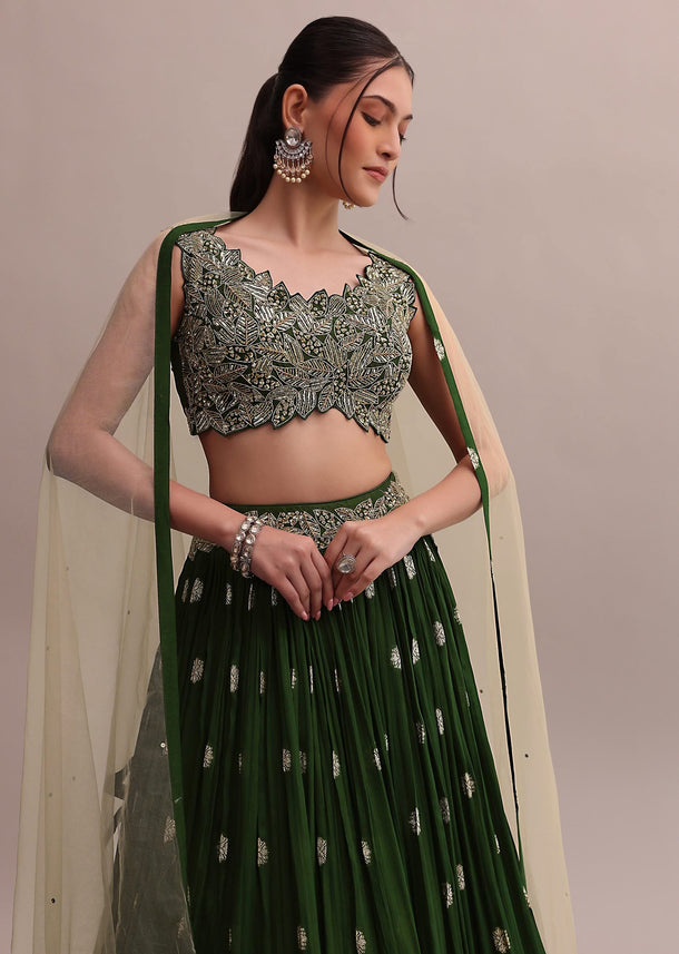 Mehendi Green Chiffon Lehenga With Zardosi Embroidered Choli And Net Dupatta