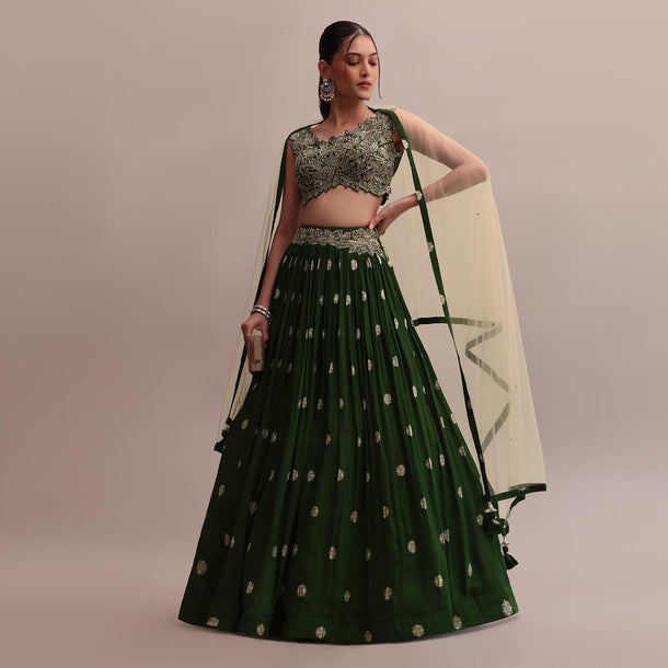 Mehendi Green Chiffon Lehenga With Zardosi Embroidered Choli And Net Dupatta