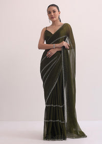 Mehendi Green Chiffon Saree In Cut Dana Embroidery With Unstitched Blouse