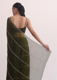 Mehendi Green Chiffon Saree In Cut Dana Embroidery With Unstitched Blouse