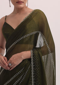 Mehendi Green Chiffon Saree In Cut Dana Embroidery With Unstitched Blouse