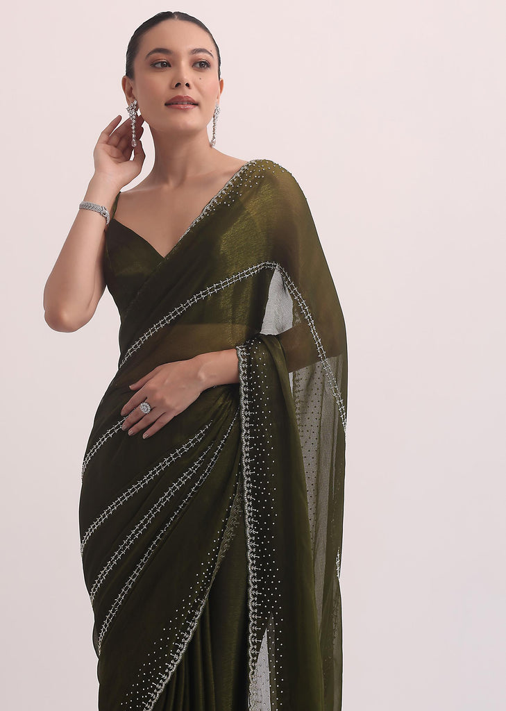 Mehendi Green Chiffon Saree In Cut Dana Embroidery With Unstitched Blouse