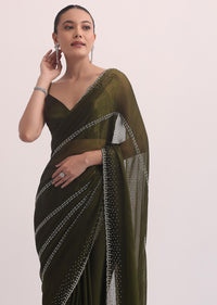 Mehendi Green Chiffon Saree In Cut Dana Embroidery With Unstitched Blouse