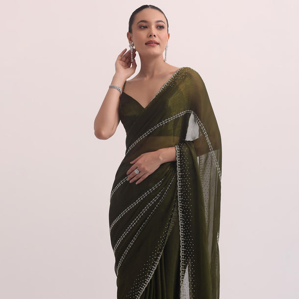 Mehendi Green Chiffon Saree In Cut Dana Embroidery With Unstitched Blouse