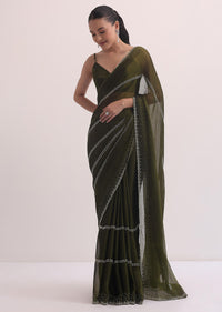 Mehendi Green Chiffon Saree In Cut Dana Embroidery With Unstitched Blouse