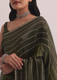 Mehendi Green Crush Tissue Saree With Cut Dana Embroidery