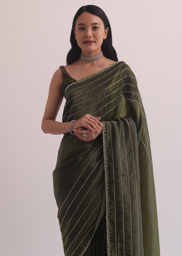 Mehendi Green Crush Tissue Saree With Cut Dana Embroidery