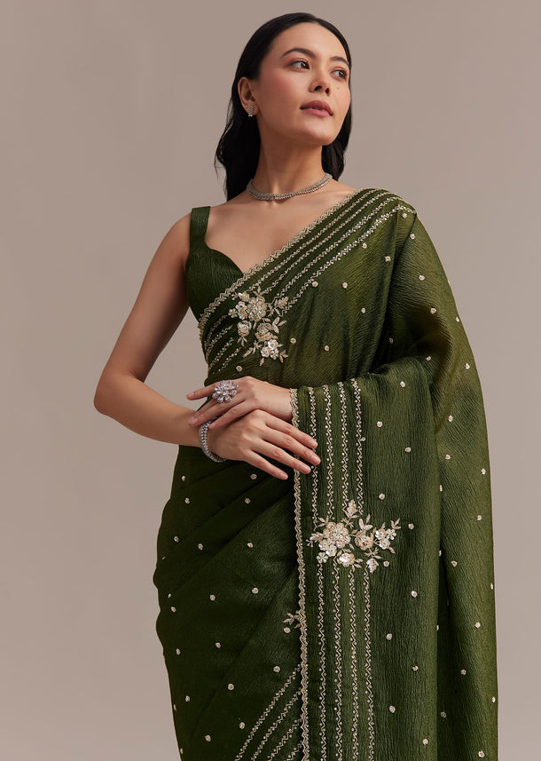 Mehendi Green Crushed Tissue Saree With Embroidered Border