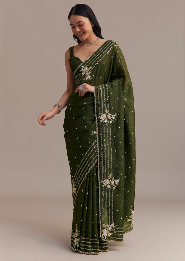Mehendi Green Crushed Tissue Saree With Embroidered Border