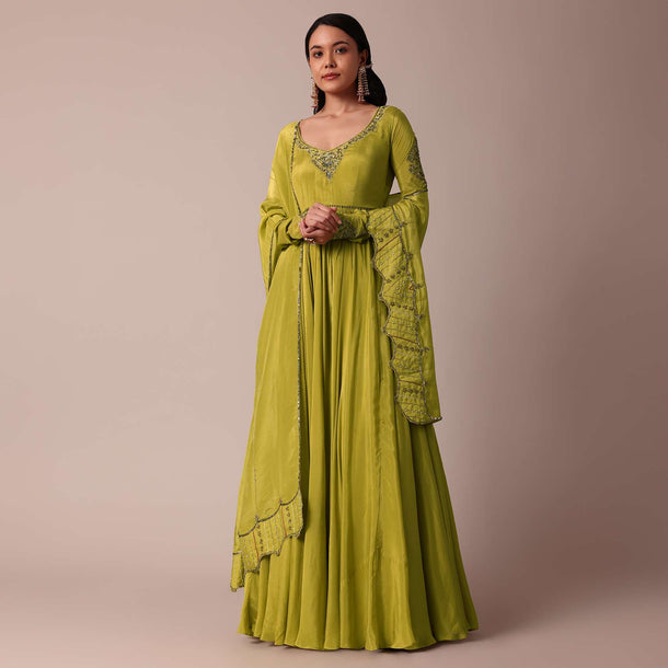 Mehendi Green Embroidered Anarkali With Dupatta