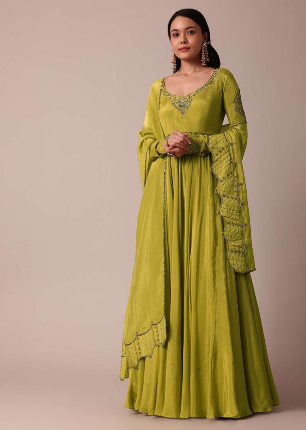 Mehendi Green Embroidered Anarkali With Dupatta