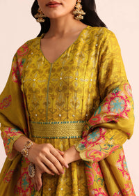 Dark Yellow Embroidered Chanderi Anarkali Suit With Dupatta And Belt