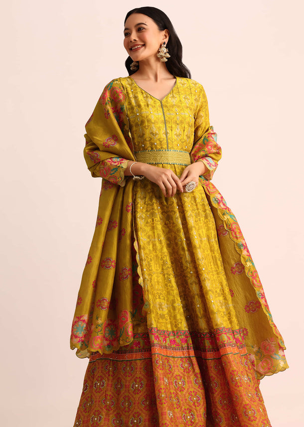 Dark Yellow Embroidered Chanderi Anarkali Suit With Dupatta And Belt