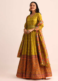 Dark Yellow Embroidered Chanderi Anarkali Suit With Dupatta And Belt