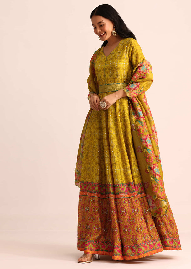 Dark Yellow Embroidered Chanderi Anarkali Suit With Dupatta And Belt