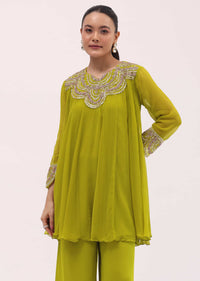 Mehendi Green Embroidered Chiffon Kurta Palazzo