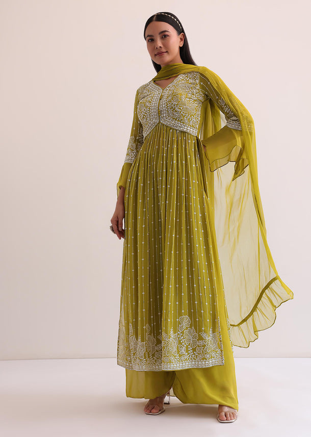 Mehendi Green Embroidered Palazzo Set