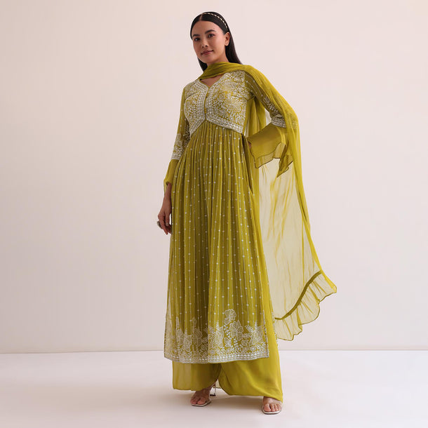 Mehendi Green Embroidered Palazzo Set