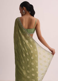 Mehendi Green Embroidered Saree And Unstitched Blouse