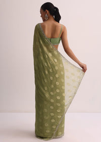 Mehendi Green Embroidered Saree And Unstitched Blouse