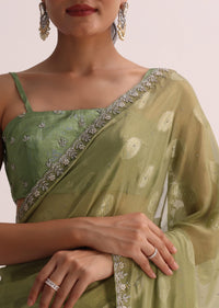 Mehendi Green Embroidered Saree And Unstitched Blouse
