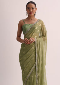 Mehendi Green Embroidered Saree And Unstitched Blouse