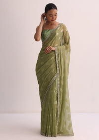 Mehendi Green Embroidered Saree And Unstitched Blouse