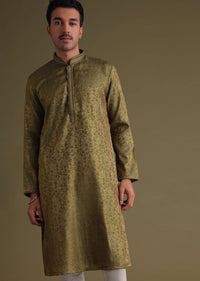 Mehendi Green Festive Kurta Set With Golden Floral Print In Jacquard