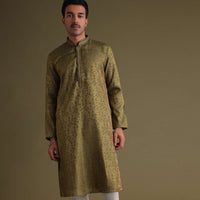 Mehendi Green Festive Kurta Set With Golden Floral Print In Jacquard