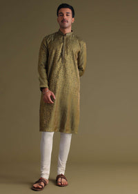 Mehendi Green Festive Kurta Set With Golden Floral Print In Jacquard