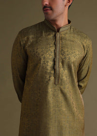 Mehendi Green Festive Kurta Set With Golden Floral Print In Jacquard