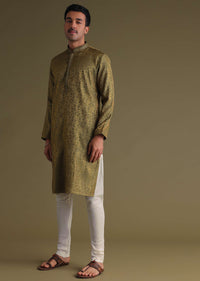 Mehendi Green Festive Kurta Set With Golden Floral Print In Jacquard