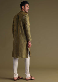 Mehendi Green Festive Kurta Set With Golden Floral Print In Jacquard